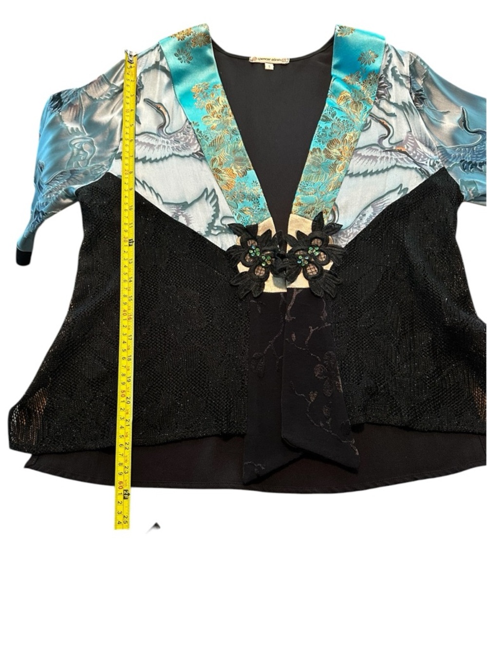 Vtg 90s Spencer Alexis Silk Blend Kimono Style Cropped Top S Floral Cranes FLAWS - Picture 6 of 17